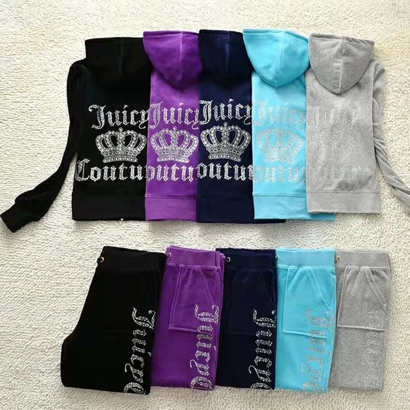 

Women's Spring Autumn Long Sleeved Hooded and Pants Mid Waist Rhinestone Fashion Velvet Sports Casual Two-Piece Set
