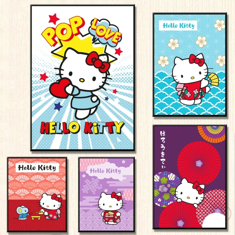 Plakat i obraz Hello Kittys niebieskie obrazy urodzinowe prezenty dekoracja pokój do domu komiksy obrazy modułowe wydruki