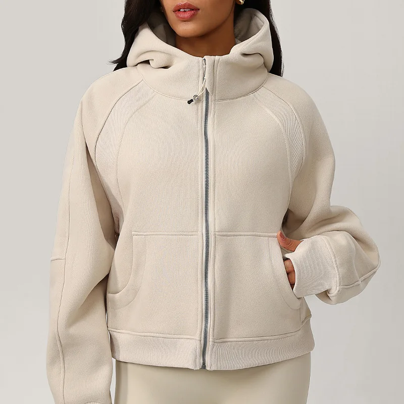 Autumn Winter Keep-Warm Sports Hoodie Front Zippered With Pockets Thin Fleece Inner Thermal Loose Casual Sports Jacket For Women