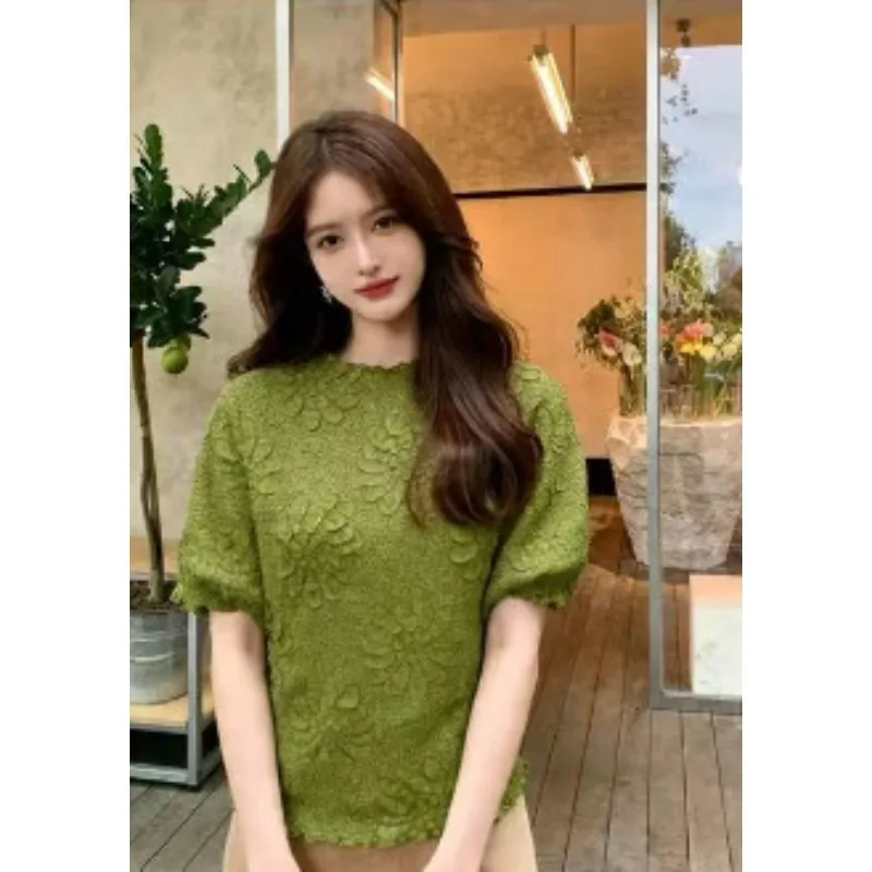 

Miyake Pleated Original T-Shirt 2026 Summer New High-End Pleated Fashion Versatile Solid Color Printed Flower Top for Women
