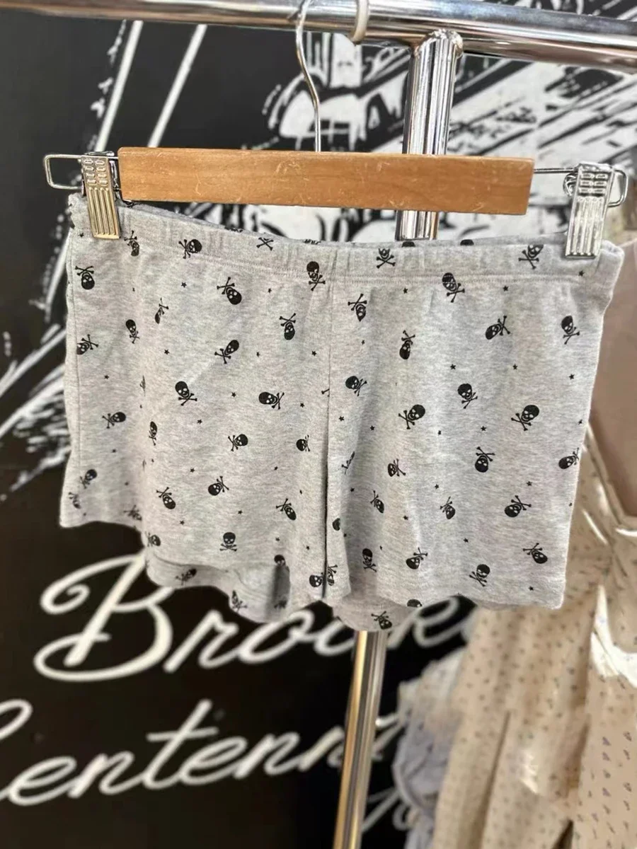 Women Skulls Print Cotton Home Shorts Summer High Waist Casual Straight Short Pants Vintage Streetwear Gray Pajama Underwear