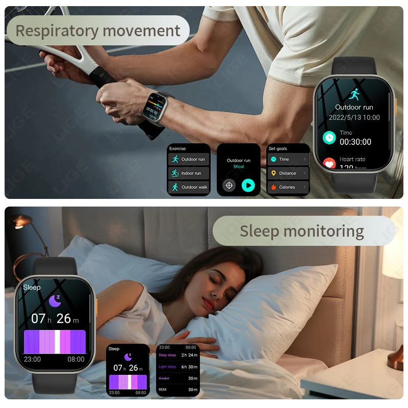 جديد LIGE ساعة ذكية مصباح ليد جيب 1000mAh بطارية 2.04 ''HD شاشة كبيرة التحكم بالموسيقى ساعة ذكية للرجال النساء أندرويد IOS