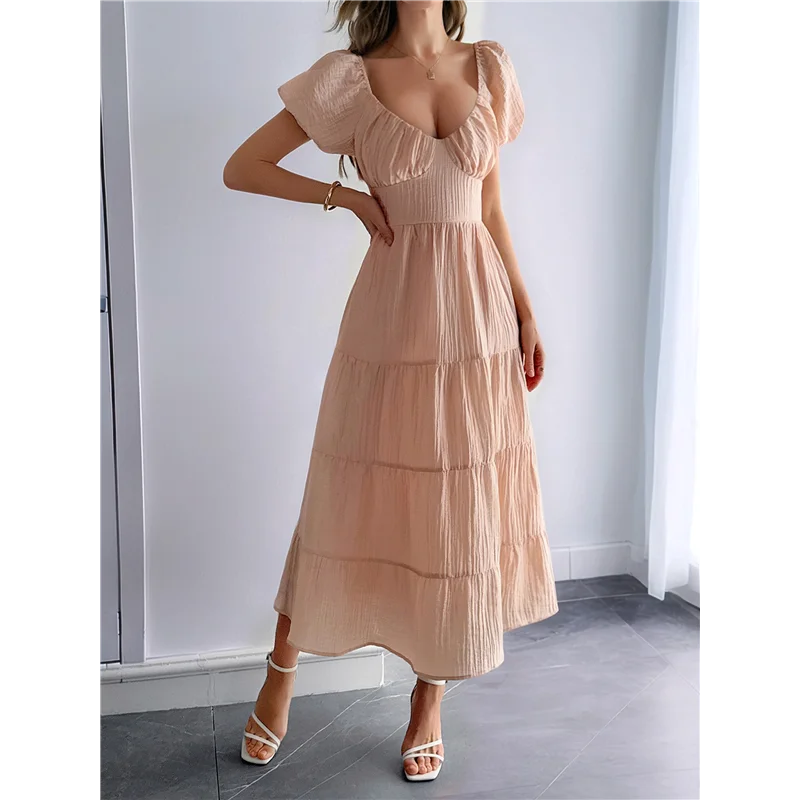 Abito longuette casual estivo da donna Abiti gonfi a maniche corte con scollo a V e volant a strati