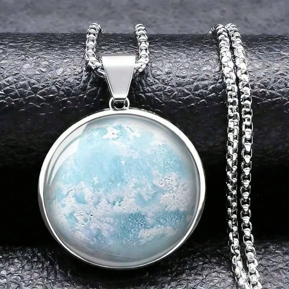 Beautiful Niche Stainless Steel Y Drop Necklace for Women Blue and White Texture Print Pendant Casual Everyday Jewelry