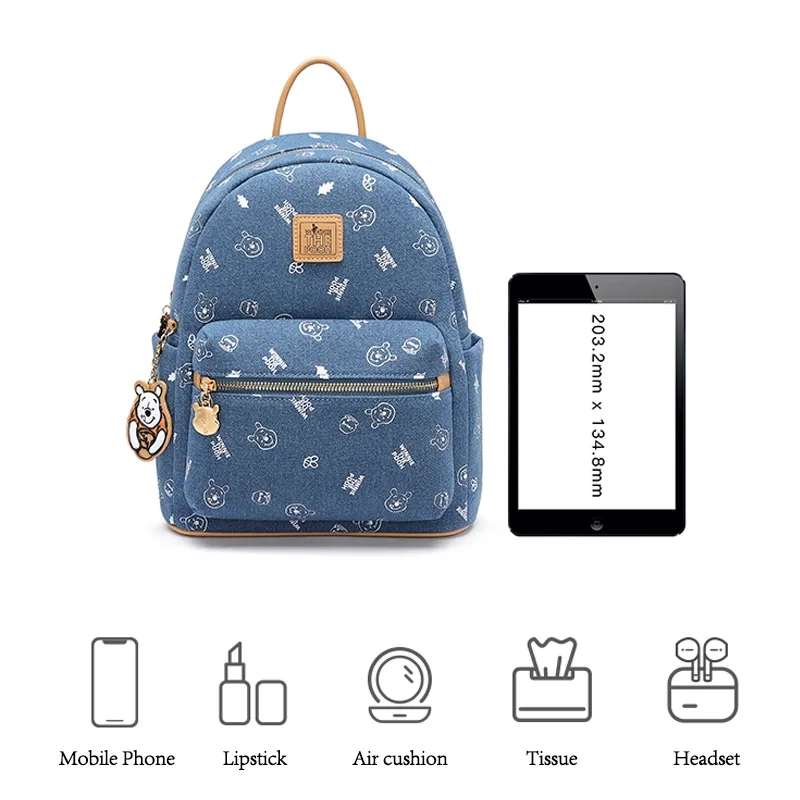 새로운 컬렉션 디즈니 위니 푸우 여성 배낭 패션 데님 가방 만화 인쇄 브랜드 배낭 소녀 학생 배낭