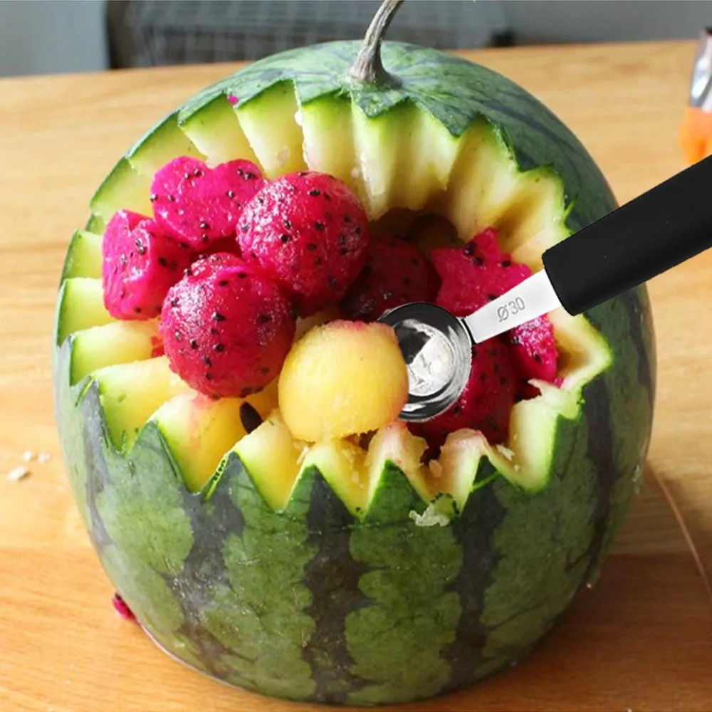 7 PCS Stainless Steel Melon Baller Set Rubber Handle Smooth Round Fruit Scooper Tool Various Shapes Black Silver