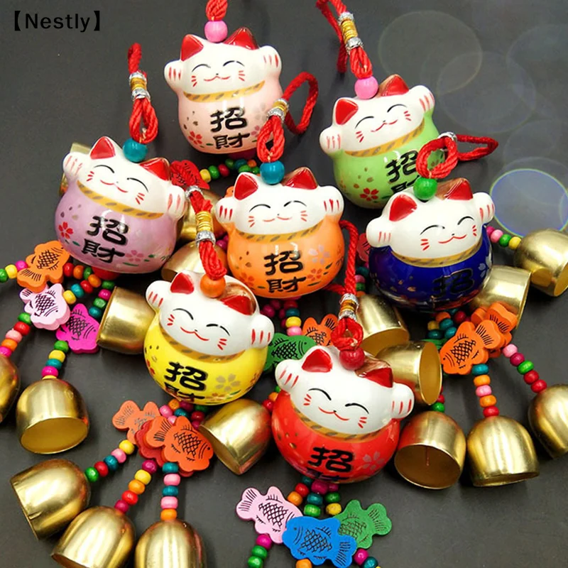 Fortune Cat Ceramic Wind Chimes Hanging Car Charm Garden Charm Decorations Crafts Wind Chimes Metal Bells Good Luck Wind 〔Nest〕
