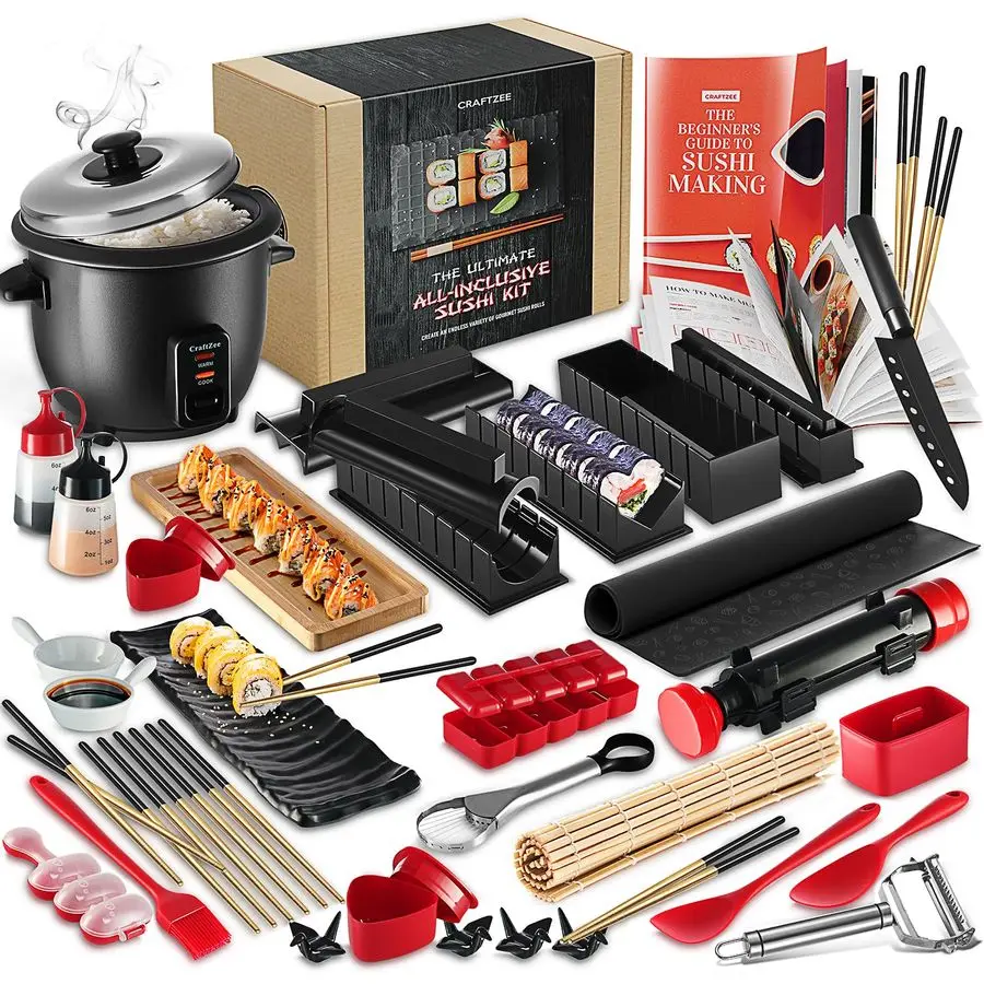 Kit para hacer sushi para principiantes, máquina para hacer sushi profesional con olla arrocera, palillos reutilizables, Bazooka, rodillo para sushi, libro