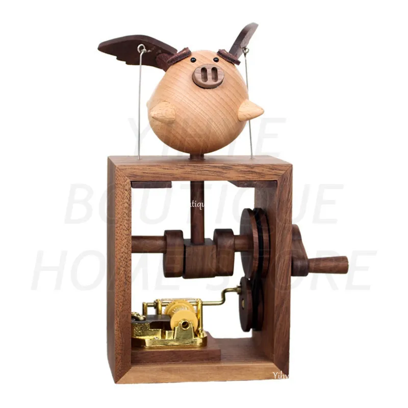

Original Wooden Hand-Crank Music Box, Sky City Cartoon Flying Pig Figurine, Premium Valentine's Day or Birthday Gift