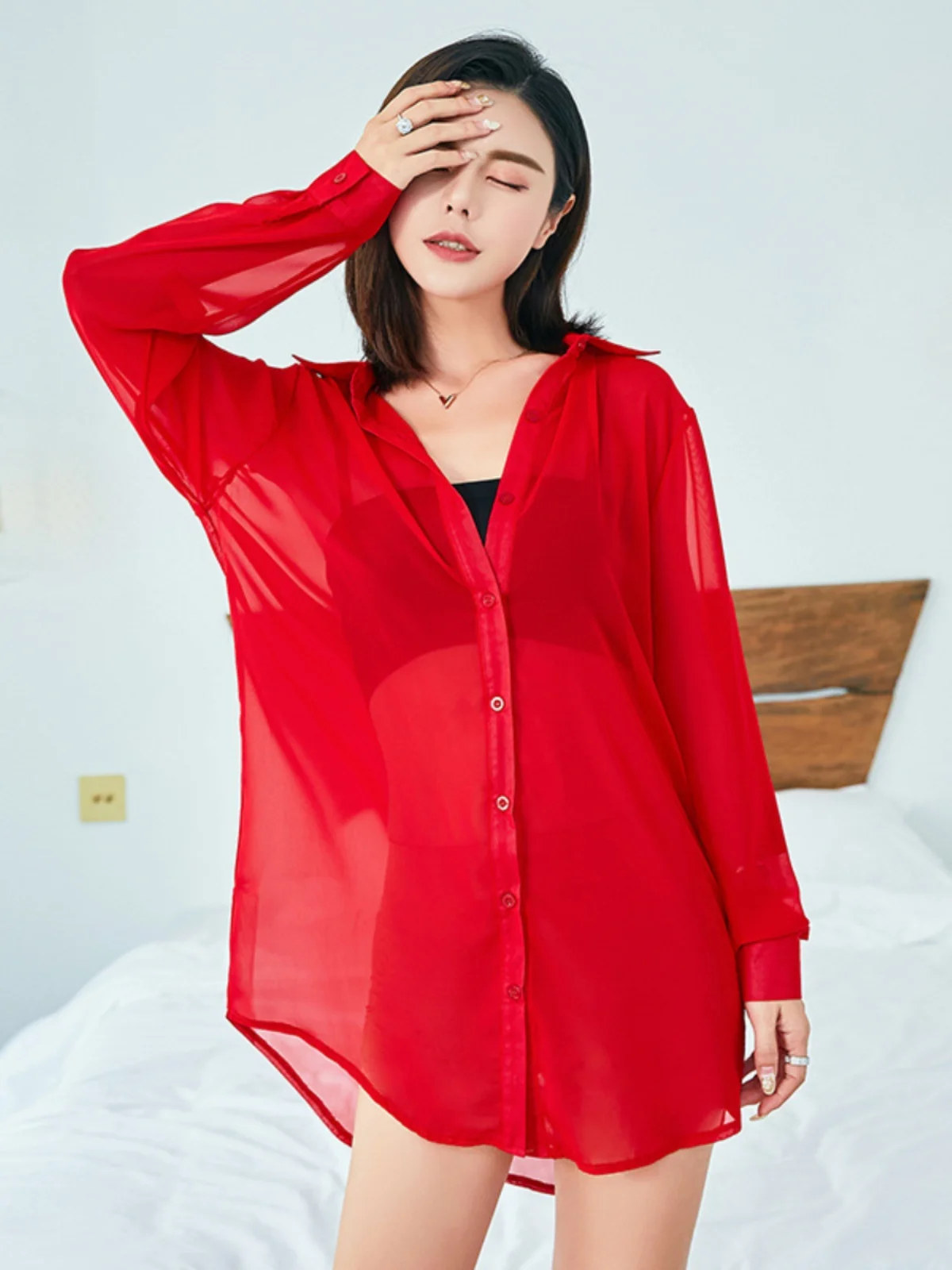 Red Long Sleeve Women's Shirt Transparent Modern Dance Costume Top Loose Fit Chiffon Floaty Midi Length Button up Pure Color