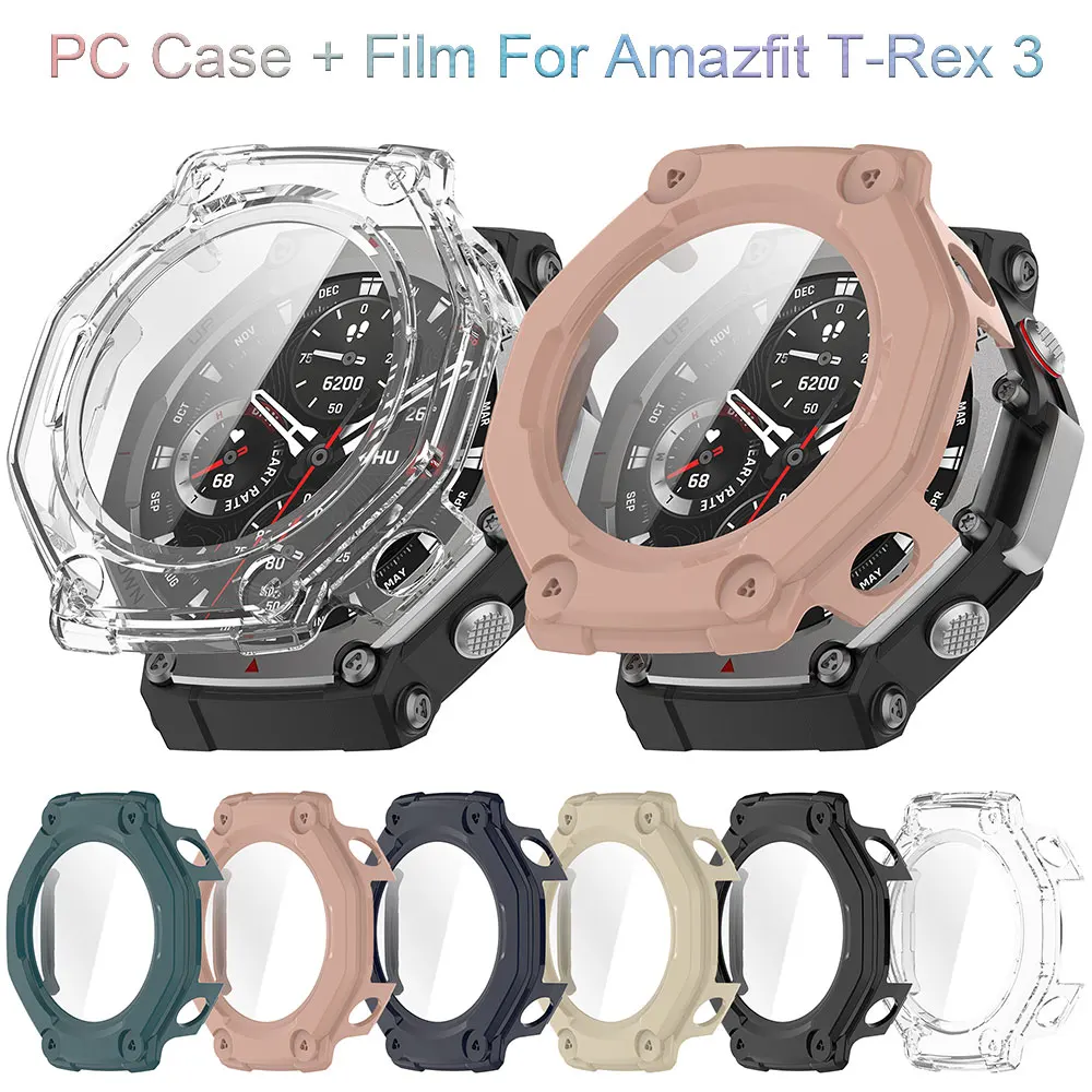 Capa protetora para pc + película temperada para huami amazfit t-rex 3, capa rígida anti-queda para smartwatch amazfit t-rex 3