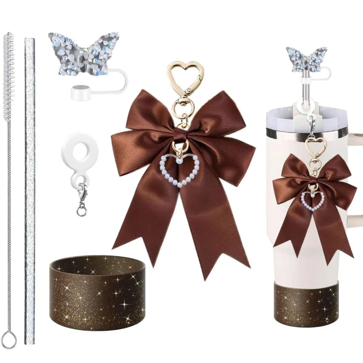 For Stanley Sequined Bow Straw Topper with Heart Bow Charms And Cup Sleeve - Cross-border New Arrival