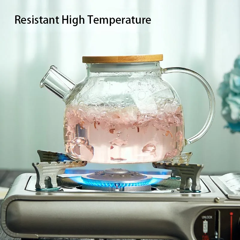 YMEEI 1L Large Capacity Borosilicate Glass Teapot Heat Resistant Clear Water Bottle Filters Flower Teapot With Bamboo Lid