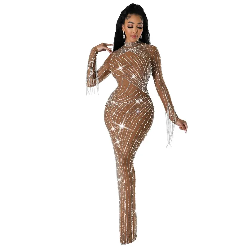 Luxus Damen Mesh Diamanten Langarm Ballkleider Party Formal Bodycon Abendkleid Vestidos Kleidung Traf Y2k Zevity