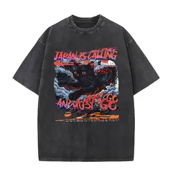 Japan Is Calling and Must Go Surfer Cat T-shirts Men's Women Clothing Short Sleeve Funny Japan Style Cat Vintage Washed T Shirts