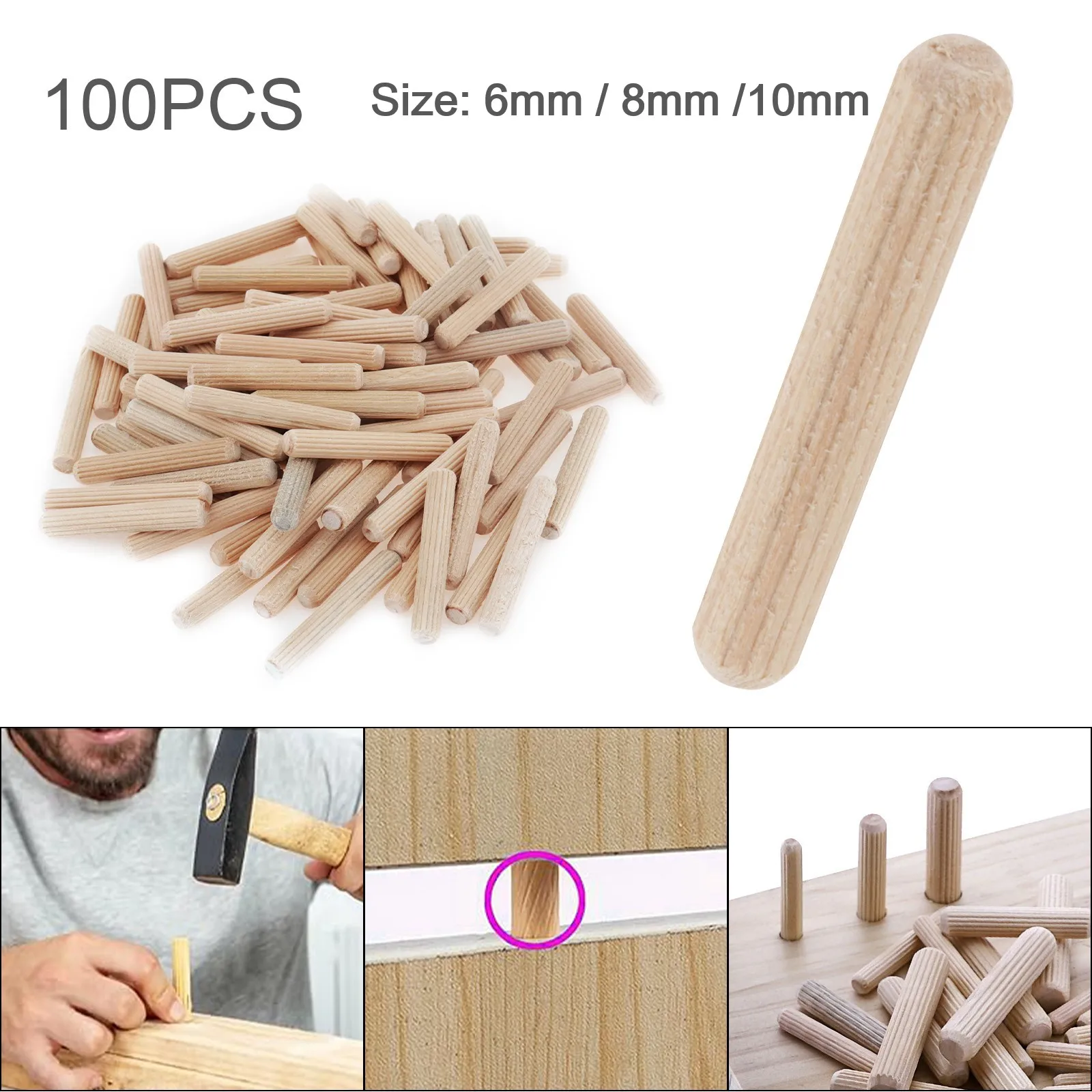 100pcs Wooden Dowels Hard Wood Grooved Plugs Furniture Woodwork Grooved Fluted Pin Craft for Grooved Fluted / Carpentry / Craft