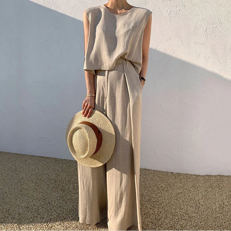 Cotton Linen Suit For Women Sleeveless O-Neck Tank Top Wide Leg Pants Two Piece Sets Casual Office Ladies Loose Summer Outfits