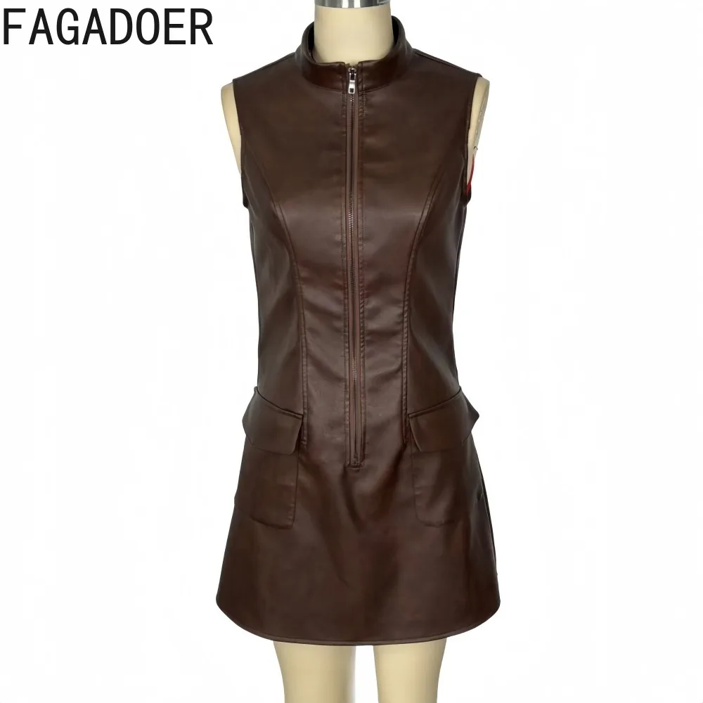 FAGADOER ファッションレザージッパーパッチワークボディコンドレス女性のためのソリッドカラーノースリーブドレス女性ストリートウェア Vestidos 新しい