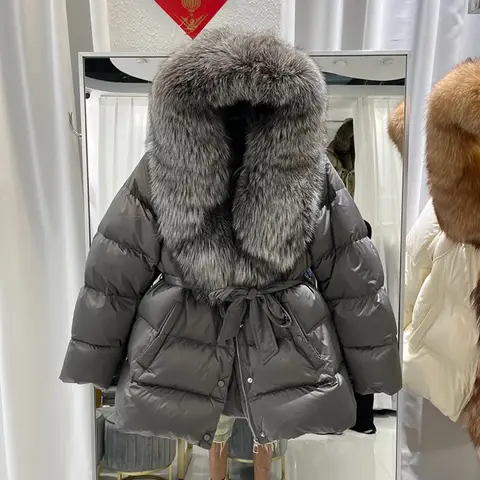 Warm Natural Reality Fur Winter Women Big Real Fox Fur Collar Jacket Thick Duck Down Coat Short Outerwear Real Fox Fur Jacket