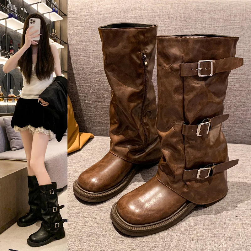 

Unique Retro Chunky Heel Mid-Calf Boots Western Cowboy Slouch Boots Riding Boots Early Leather Boots French Style Women's Boots