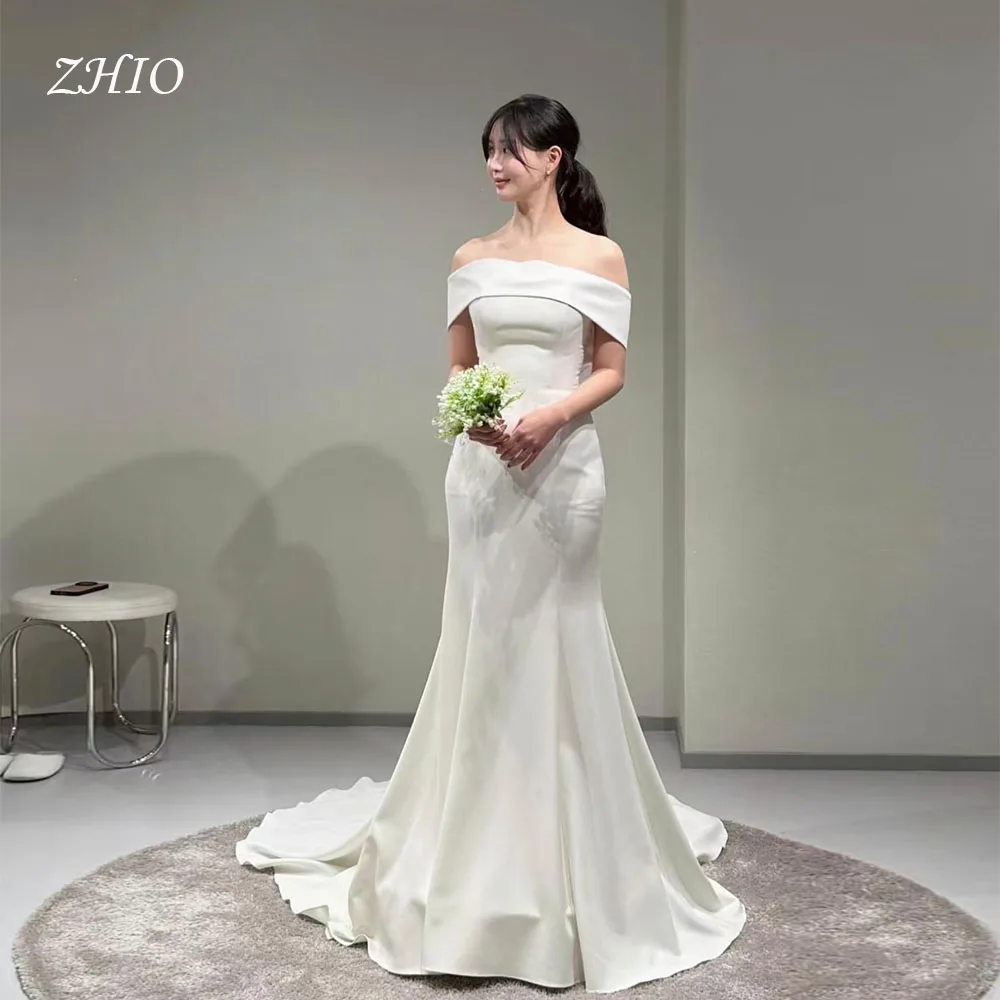 

ZHIO Elegant Off Shoulder Mermaid Wedding Party Dress Sweep Train Satin Korea PhotoShoot Bridal Reception Gown Custom 웨딩드레스