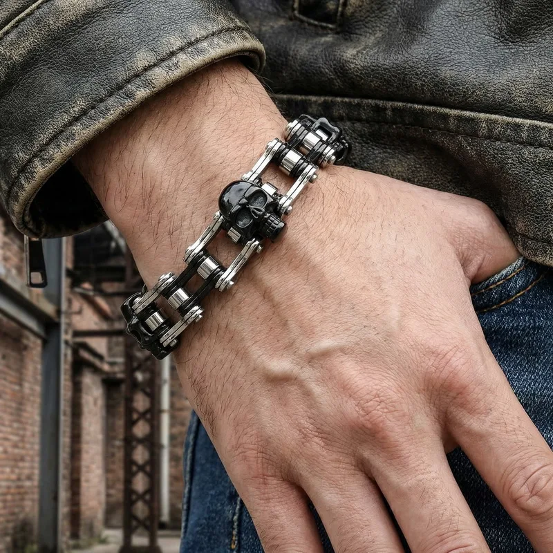KALEN Rocker Biker Chain Bracelets for Men Three Skull Chunky Stainless Steel Jewelry Punk Black&Gold&Red Color Accessories Gift