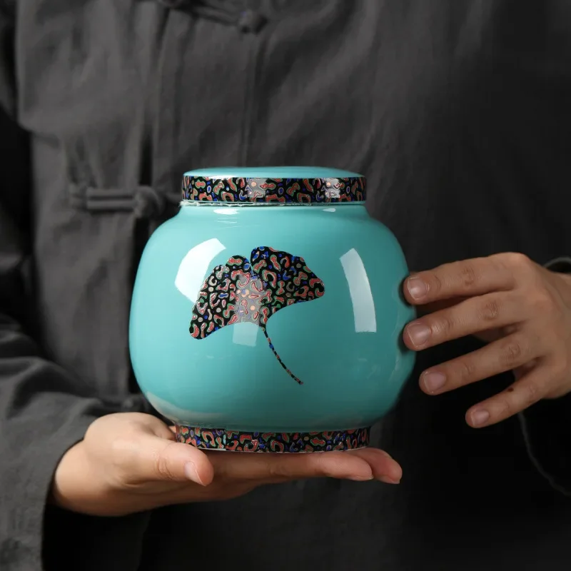 

Irregular Painted Ginkgo Leaf Porcelain Jar Ceramic Seal Tea Moisture-proof Kitchen Food Seasoning