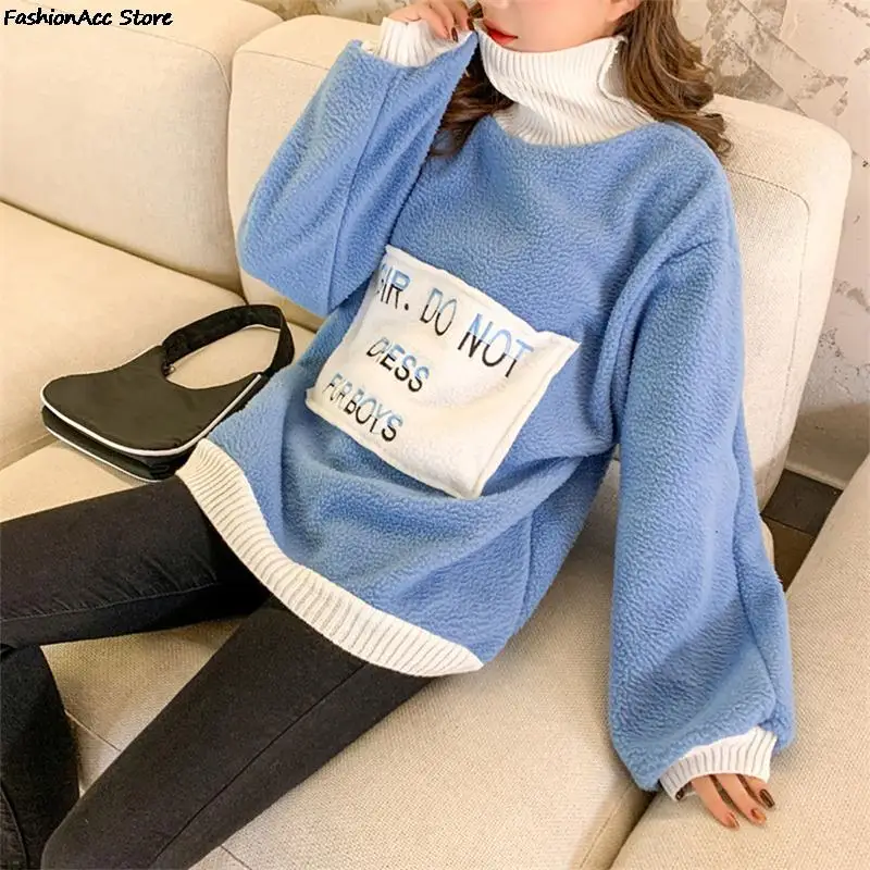 2022 Autumn New Sweatshirt Korean Style Loose Letter Thickening Turtleneck Pullover Sweatshirt Korea Fashion Female Coat Winter