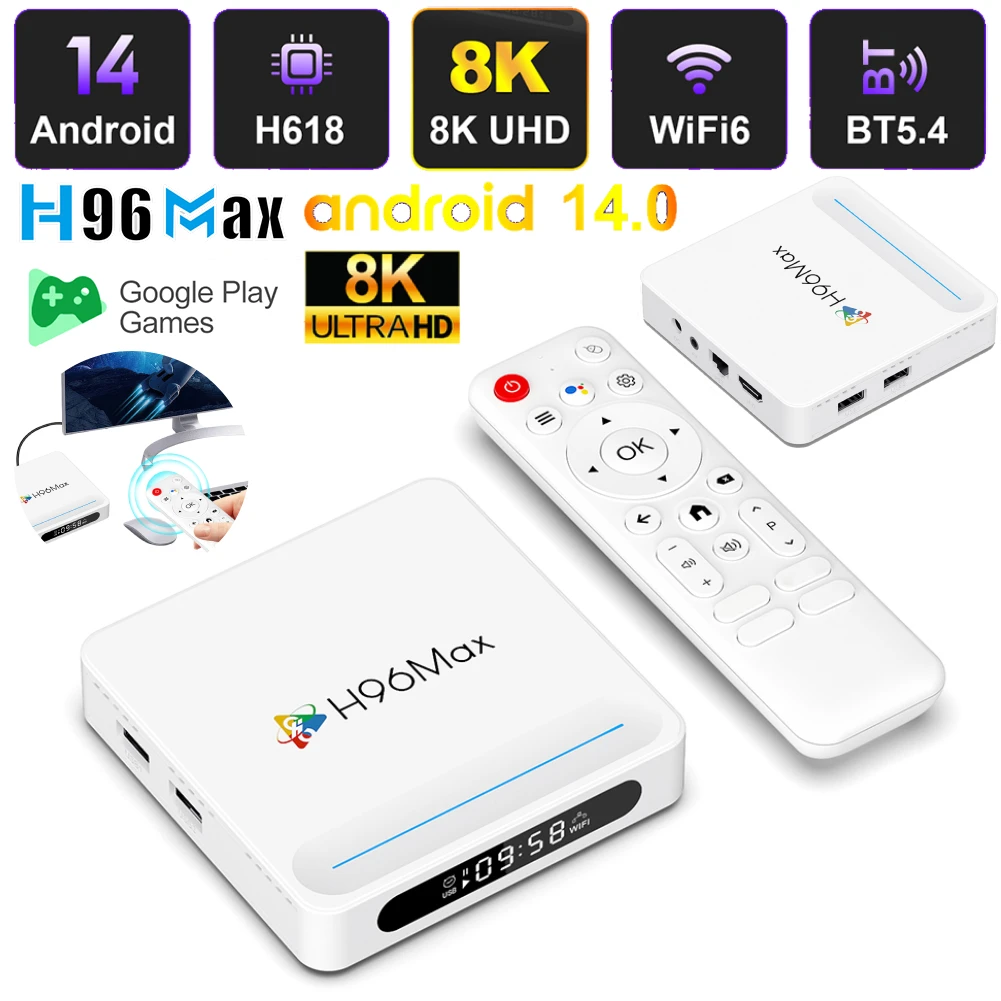 

H96Max H618 Plus Smart TV Box Android 14.0 Box Allwinner H618 Quad-core ARM Cortex A53 Wifi6 BT5.4 Media Player 8K Set Top Box