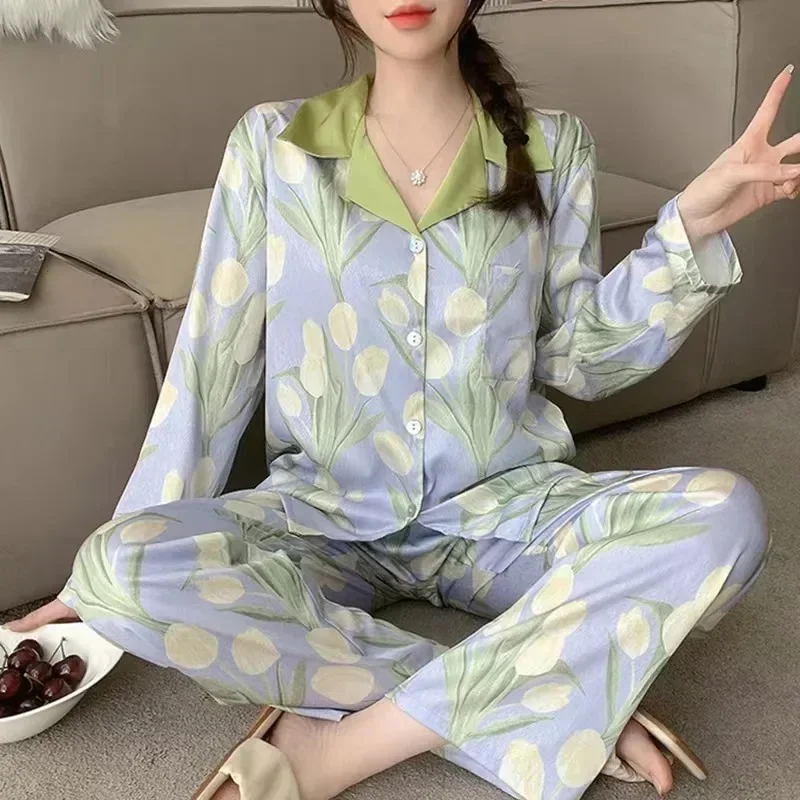 Cute Dog Printed Pajamas for Women\'s Spring and Autumn New Lazy Style Sweet Homewear Silk Pajamas for Women Sleepwear