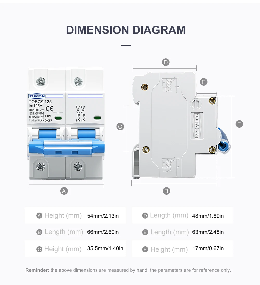 TOMZN 2P 1000V DC MCB TOMZN 80A 100A 125A Leistungsschalter PV-System C-Kurve Batterie-Hauptschalter – Detail 11