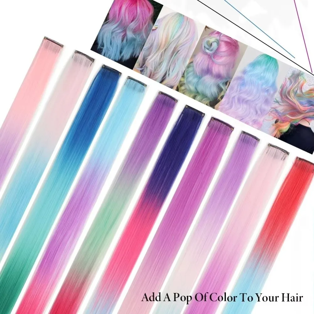 

Fashion Synthetic Clip in Hair Extensions Long Straight Rainbow Colorful Wig Hairpieces 22 Inches Hair Highlights Girls