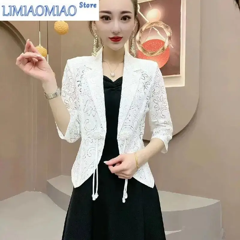 Women Blazer Jacket Spring Summer Thin Cardigan Sun Protection Clothing Hollow Lace Three-quarter Sleeve Suit Top Ladies