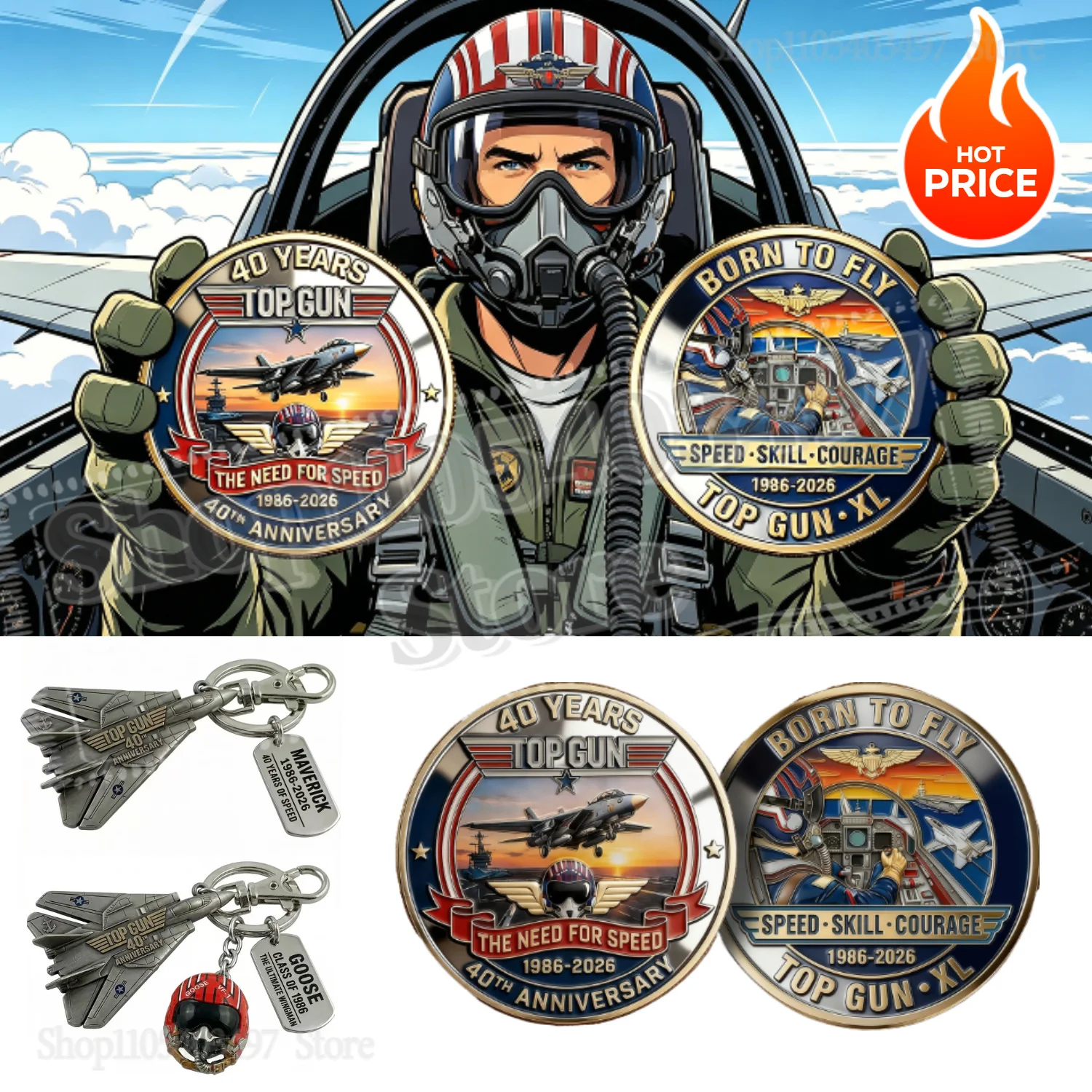 

2026 Top Gun 40th Anniversary Commemorative Coin & keychain Set "The Need for Speed" 1986-2026 Aviation Movie Collectible