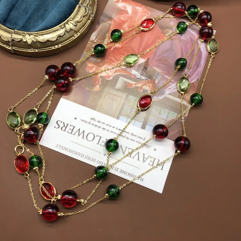 

Medieval 'Double Sided Double Layer Red-Green Glazed Transparent Geometric Round Necklace Hollow Flower Sweater Chain