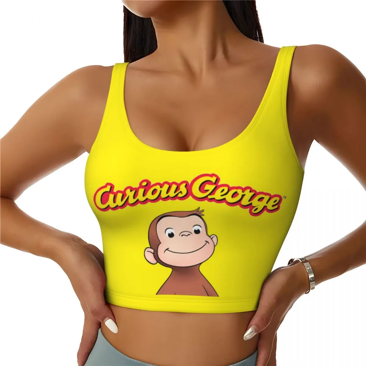 Custom High Impact Curious George Sports Bra for Women Monkey TV series Gym Workout Yoga Crop Top