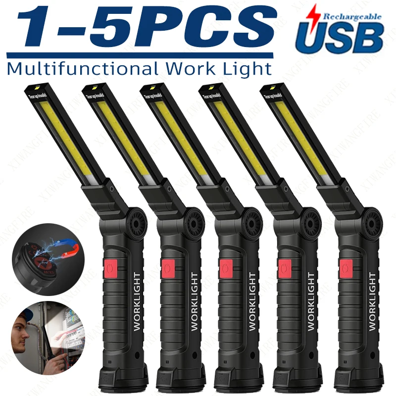 1-5 szt. Wielofunkcyjna składana lampa robocza przenośna lampa kempingowa latarka ładowana przez USB z wbudowaną lampą magnetyczną na baterie