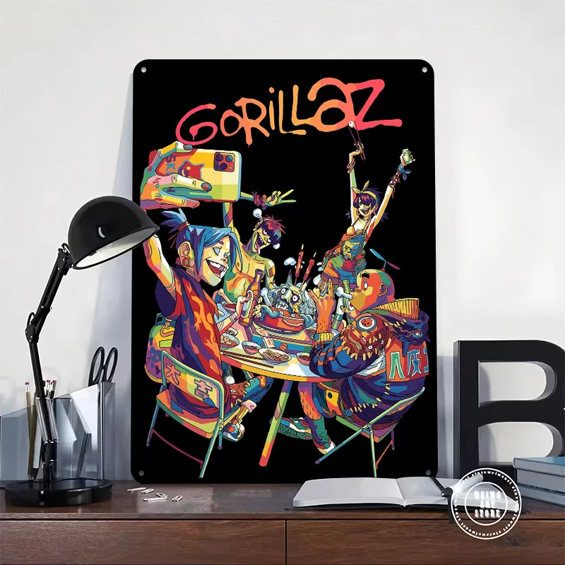 Gorillaz Characters At a Meal 3D Printed Texture Poster Personalized Wall Art Retro Metal Tin Signs for Decor Room Wand Deko