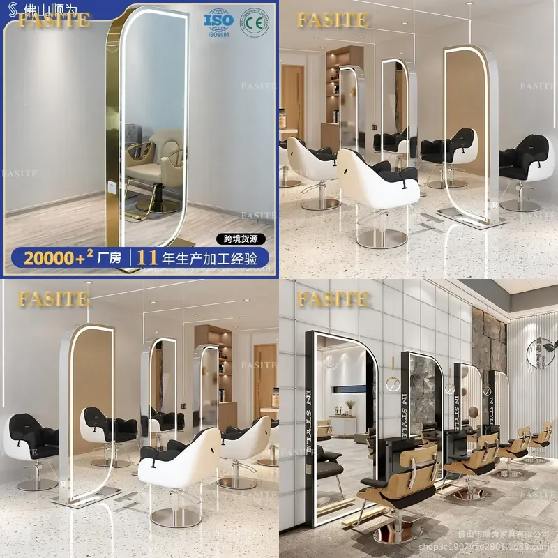 For Barber Shop Hair Mirror Table Single Double Sided Perm Dyeing Floor to Ceiling Hair Cutting Mirror with Lamp Trendy