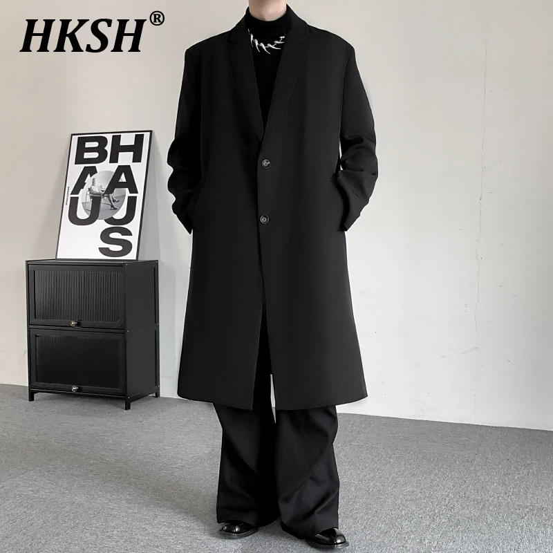 

HKSH Autumn Winter Men's Tide Dark Windbreaker Casual Versatile Knee Length Handsome Chic Trench Large Size Women's Coat HK2732