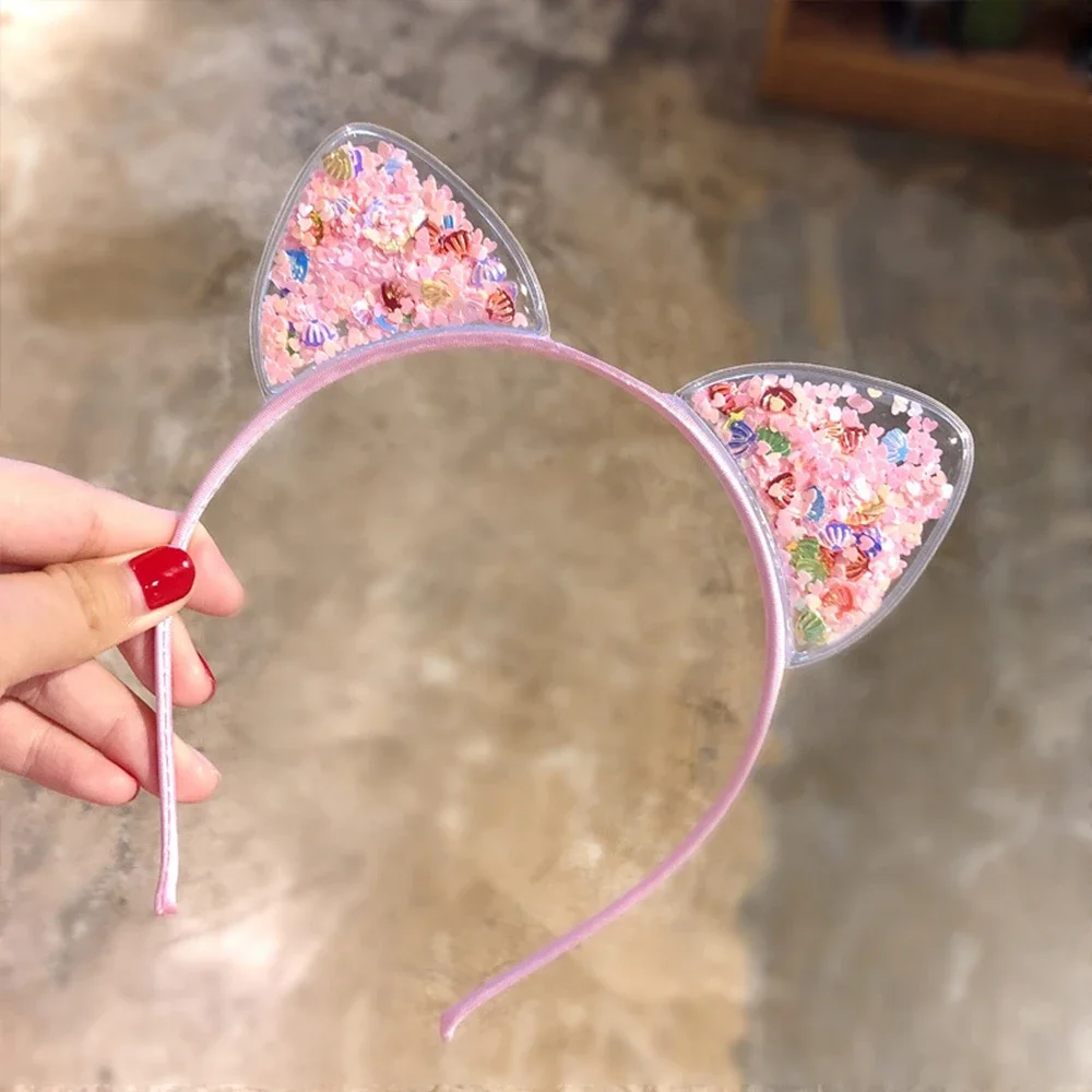 Transparent Quicksand Hair Band for Kids Girls Glitter Sequin Cartoon Ear Headbands Hair Hoops Headwear Hair Accessories