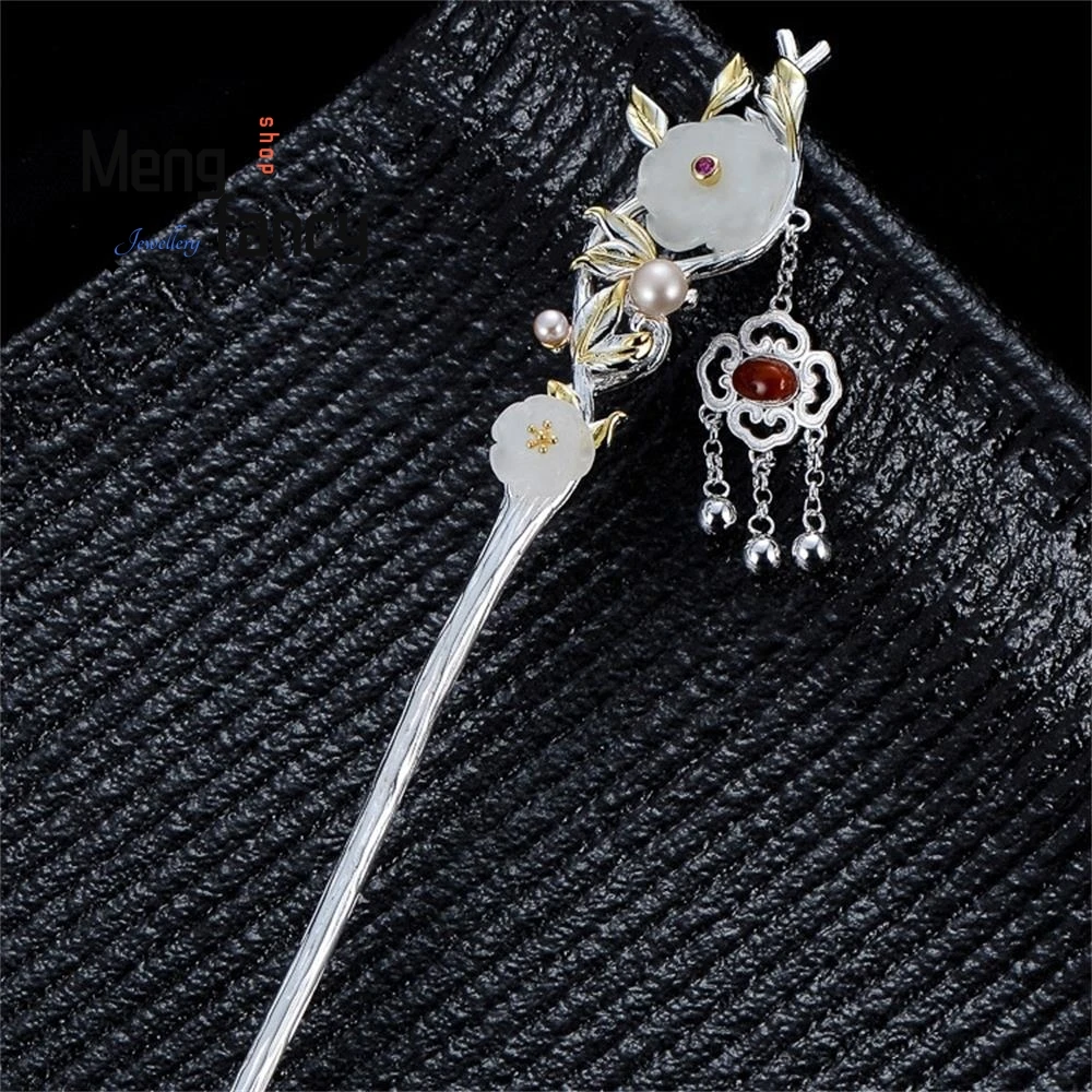 Ancient Style Plum Blossom Silver-plated Tassel Hairpin Female Hetian Jade Exquisite High-grade Elegant Headgear Fashion Jewelry