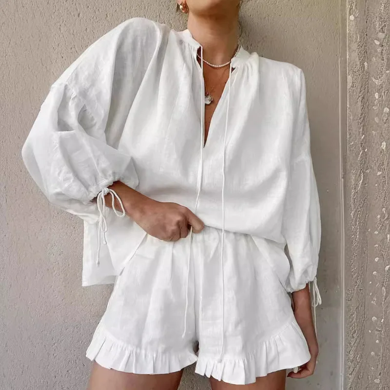 

Fashionable Cotton Linen White Set Women Loose V-neck Lantern Sleeve Shorts Two-piece Suit Summer Lace Up High Waist Outfit