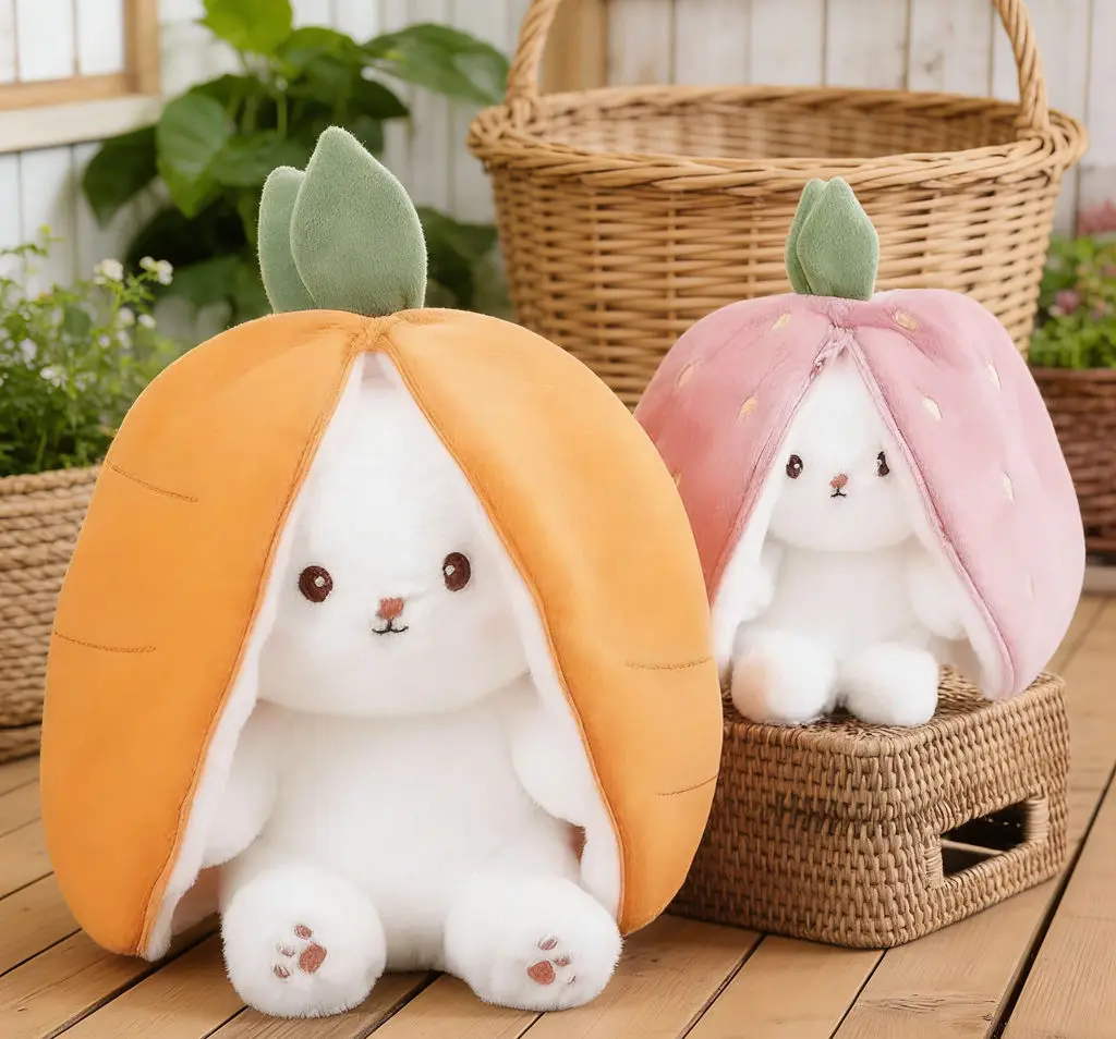 

Reversible Strawberry Carrot Bunny Plush - Cute Rabbit Stuffed Animal Zipper Transform Pillow Decor Gift for Kids Adults