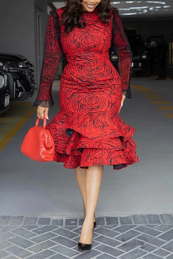 

Formal Evening Women Dresses Autumn Winter Fashion Printed Round Neck Long Sleeves Spliced ​​Ruffle Long Dress Vestidos De Noche