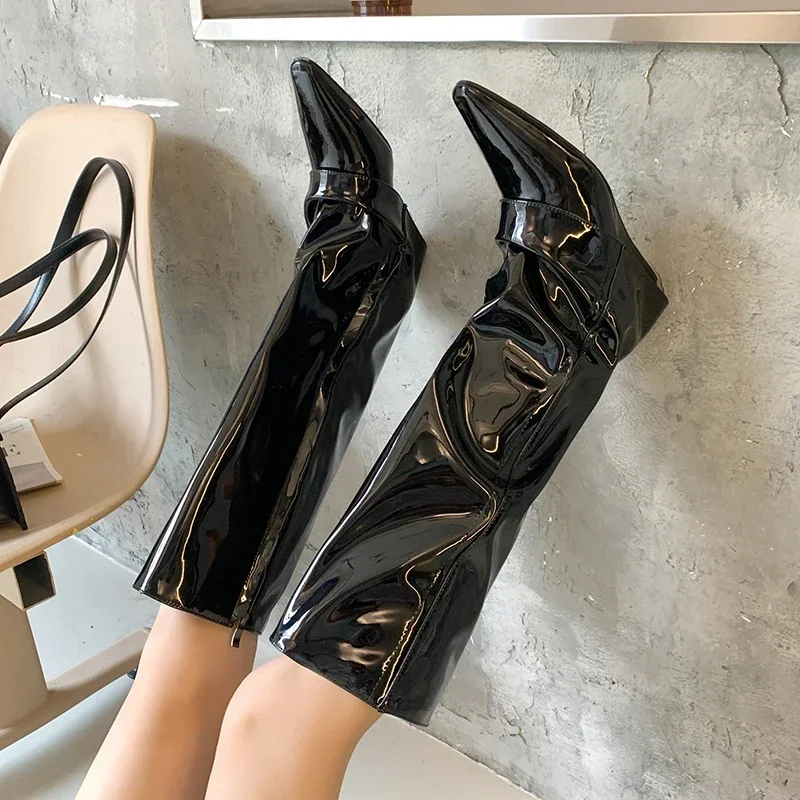 Shiny Leather Split Long Boots for Women Knee-high Soft Leather Knight Boot Pointed Toe Side Zipper Wedges Boot Woman Shoes