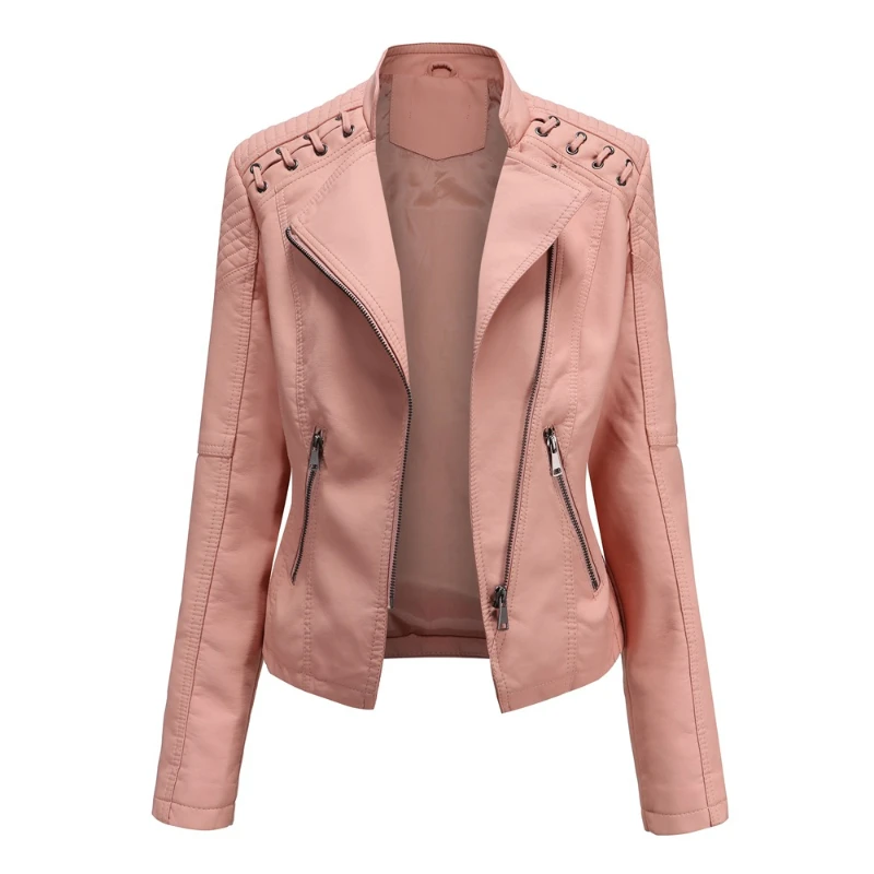 Chaquetas de cuero de manga larga para mujer, abrigo ajustado con cremallera para motocicleta, prendas de vestir femeninas, Tops de otoño e invierno