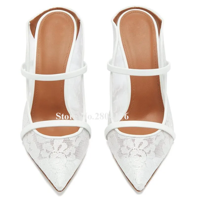 Décolleté in pizzo bianco da donna Pantofole sexy con tacco a spillo in rete con punta a punta ritagliata Scarpe da sposa con tacco alto di grandi dimensioni