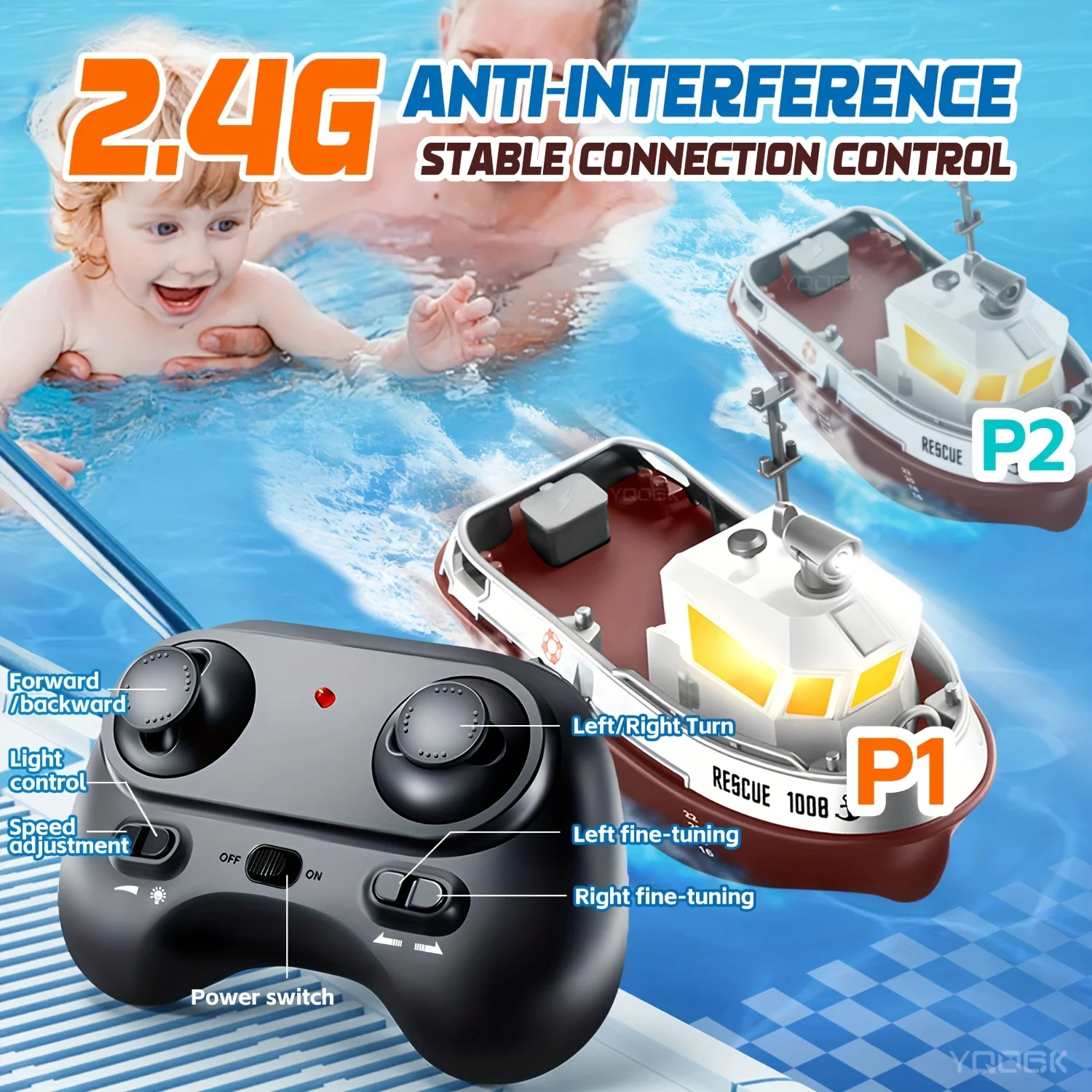 

1:32 tugboat remote control model with LED light, 2.4G wireless remote control, battery powered, suitable for bathroom pool play