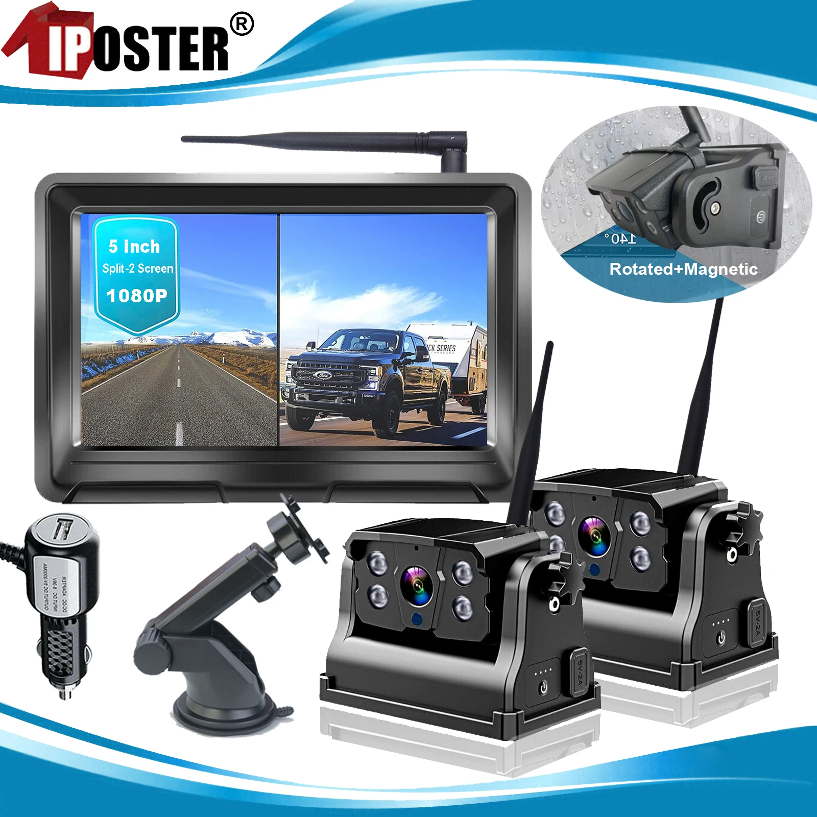 iPoster Digital Wireless 5 Inch Split 2 Screen Monitor 2xMagnetic Base Battery Powered Backup Reversing Camera For Caravan Truck